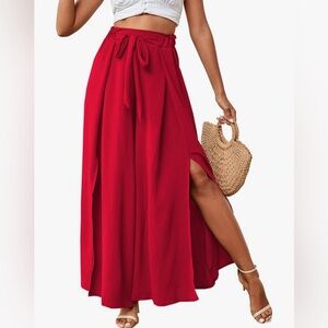 Lyaner Tie Front High Waist Side Slit Flowy Wide Leg Pleated Pant with Belt